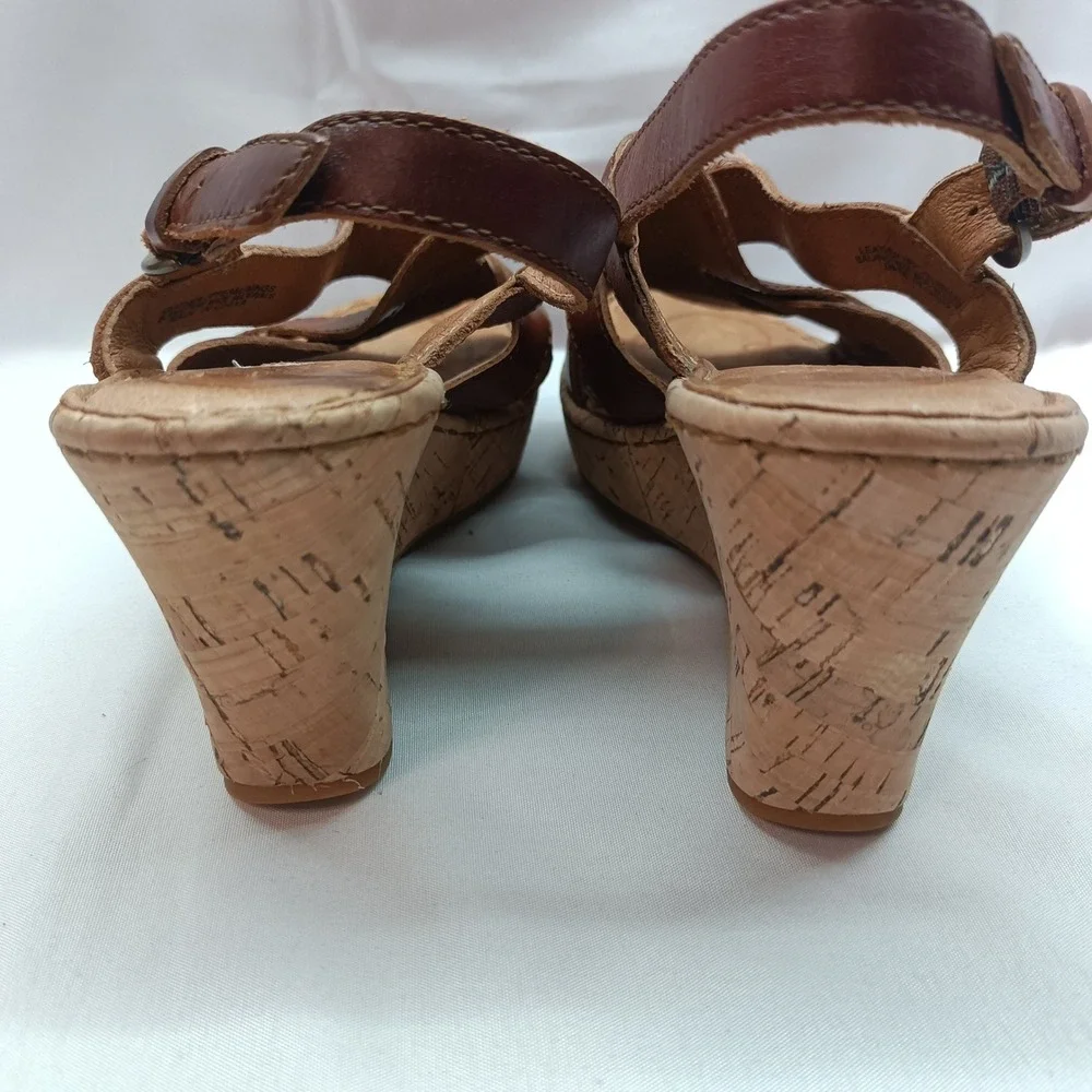 Born Brown Leather Strappy Cork Wedge Sandals Womens US 7